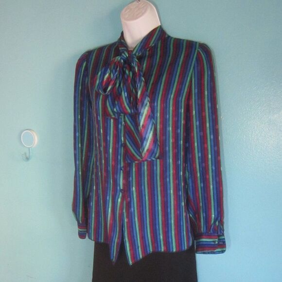 St. John Womens Size 6 VINTAGE Polyester Striped Button Up Blouse w/Bow 40" Bust - Picture 1 of 11